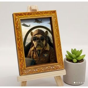 French Bulldog Pilot Miniature Framed Art Aviator Dog Gold Frame 3"x2"